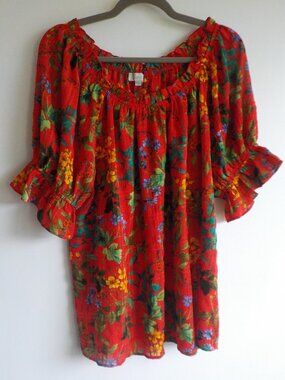 Chenault Blouse - Size 1X - Boho Red Floral Ruffle Short Sleeve (980)